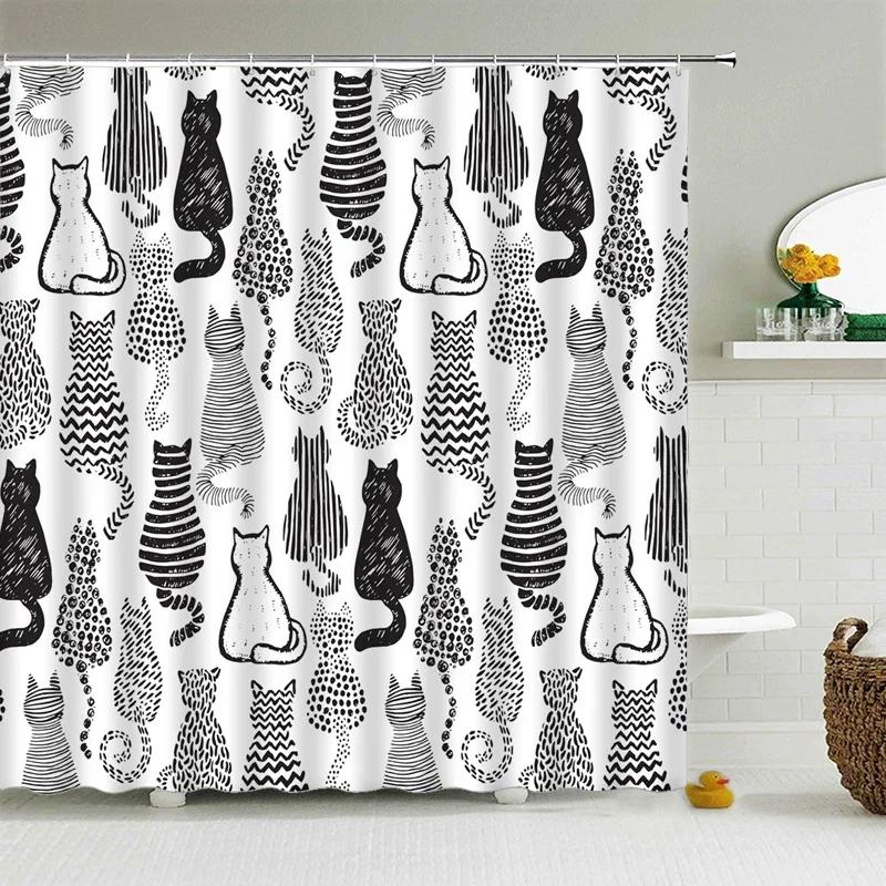 Cute Dinosaur Funny Shower Bathroom Curtain Waterproof Cat Green Leaves Fabric Pastel Toilet Door Curtains Modern Marble Cortina
