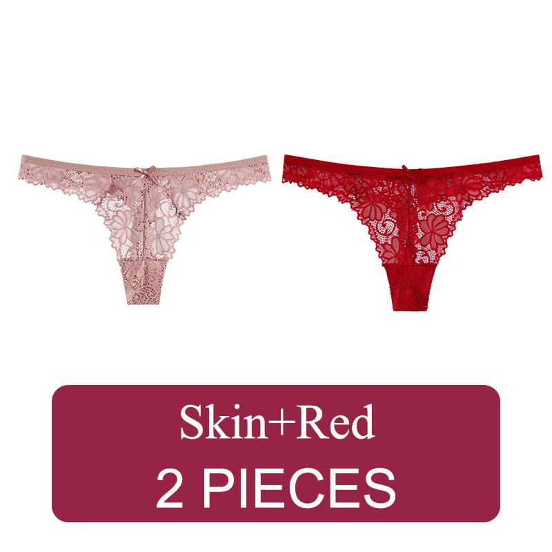 2 Pcs Sexy Lace Thong Low Waist Lace Transparent Panties Women Hollow Out Breathable G String Briefs Bow Underwear Lingerie