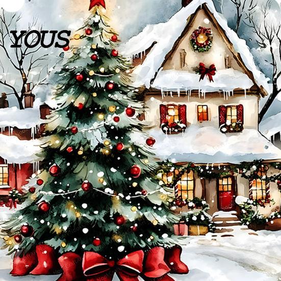 Winter Scene Wall Decor Christmas Decals, Watercolor Santa Claus Xmas Tree Village House Sticker, Peel Glass Door Decorative Film And Stick Removable