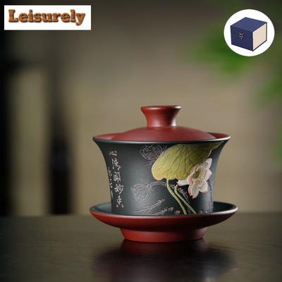 Gaiwan in Argilla Viola di Yixing da 200ml Tazza da Tè Famosa con Pittura su Argilla Infusore da Tè a Forma di Ciotola Coperchio Set da Tè Zisha Fatto a Mano Cinese