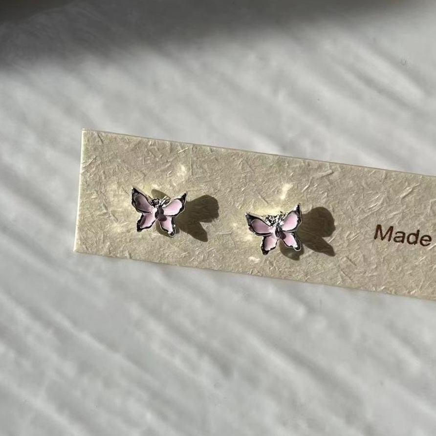 Ambience pink drop glaze butterfly stud earrings new versatile simple ins niche exquisite small fresh earrings