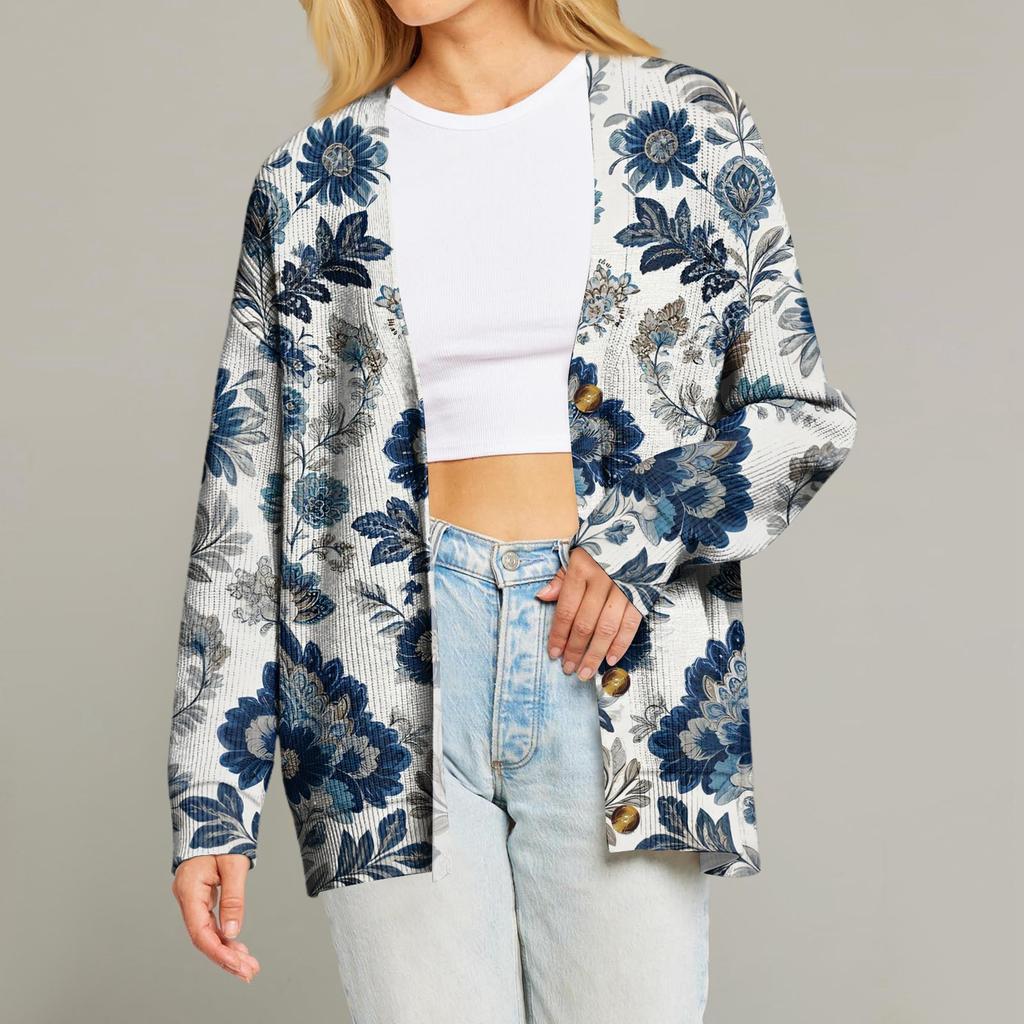 Women's Fashion Long Sleeve Print V-Neck Button Loose Cardigan Top