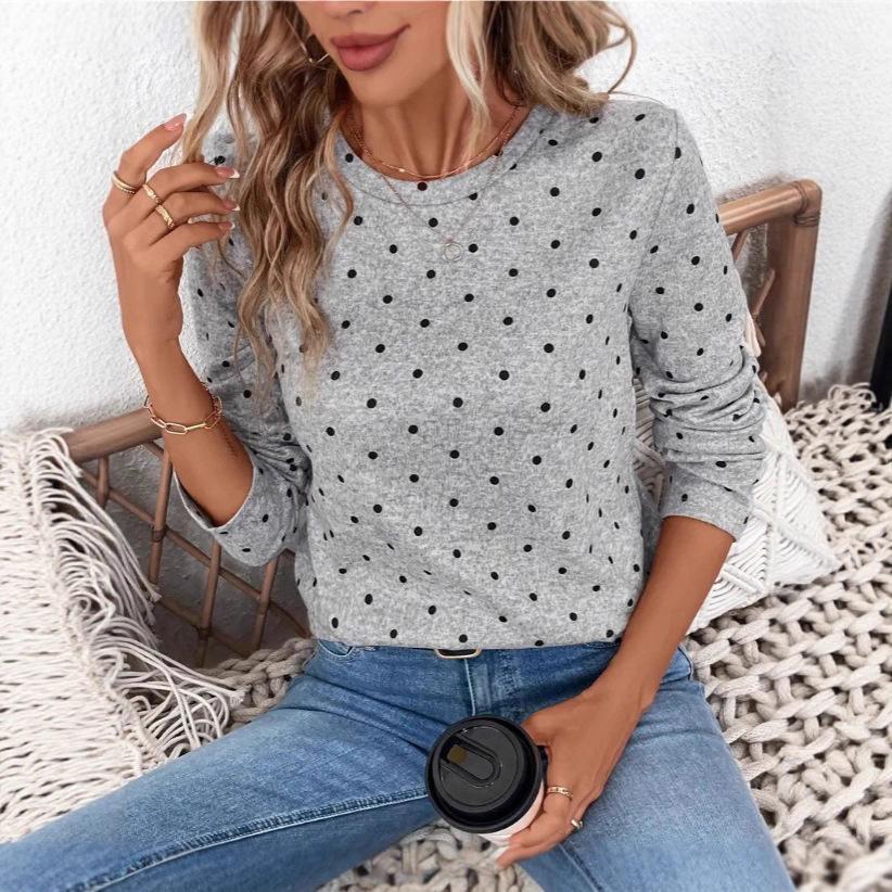 Women'S Polka Dot Printed Long Sleeve T Shirt Crew Neck Casual Slim Fit Basic Tee T Shirt Top