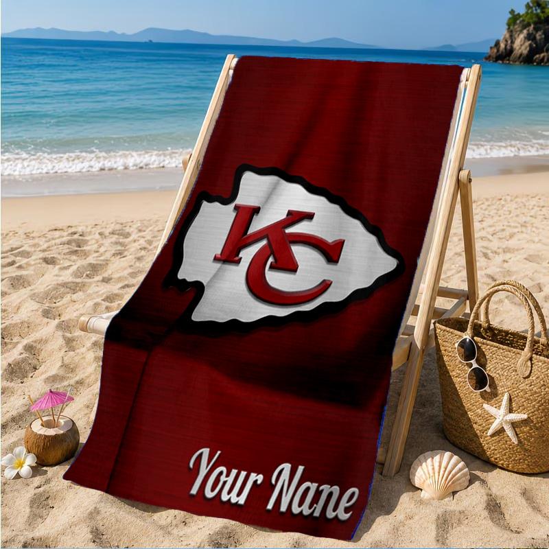 Custom Name Kansas Chiefs Logo Personalized Microfiber Beach Towel, Quick-Dry, Ideal for Summer Travel, Beach Essential, Swimming