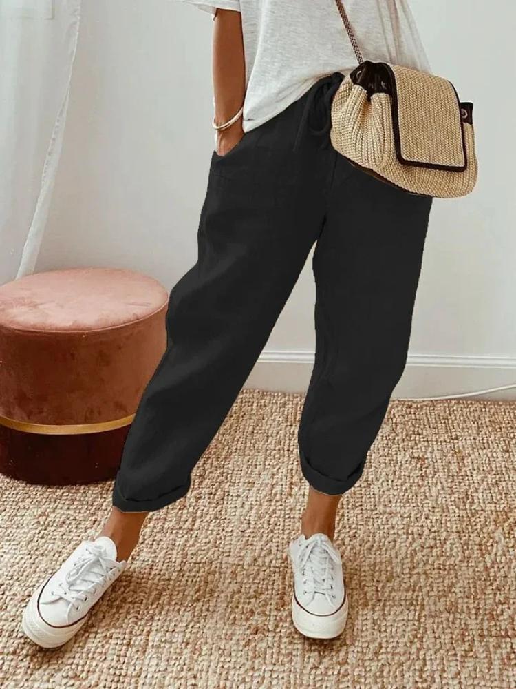2024 Spring Cotton Linen Women's Pants Black High Wasit Pencil Pants Female Spring Fashion Trendy Loose Casual Ladies Bottoms
