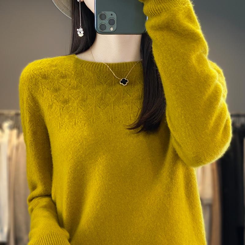 Women's Round Neck Sweater, Qinghe Cashmere, 30% Cashmere 70% Wool, Hollow Winter Knitted Pullover Autumn Sweater Cashmere Sweater