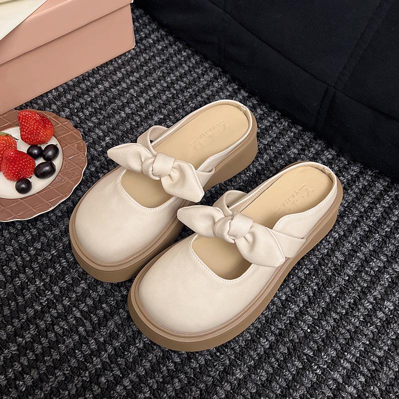 

Толстые тапочки-полушапки с бантом на голове, женская верхняя одежда, весна-лето 2025 г., французские сандалии Мэри Джейн с одной педалью 35 бежевый