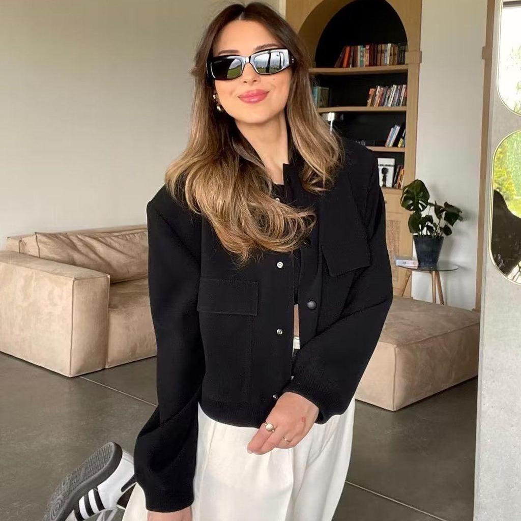 Women Autumn Black Pockets Bomber Jacket Coat Vintage Long Sleeve Front Button Female Outerwear Chic Tops