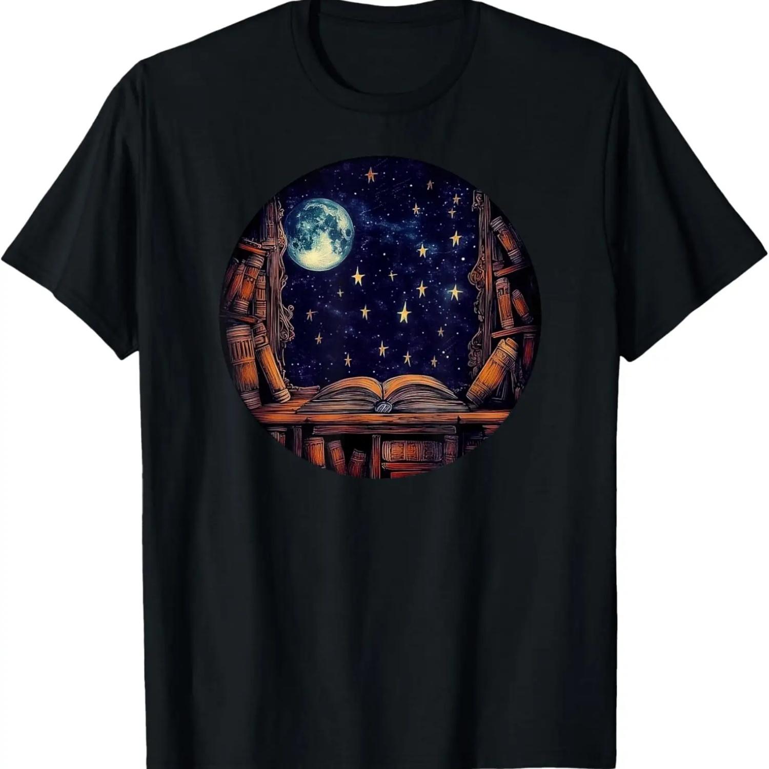 Moon Book Bookshelf Library Star Stars Pattern T-Shirt S чёрный