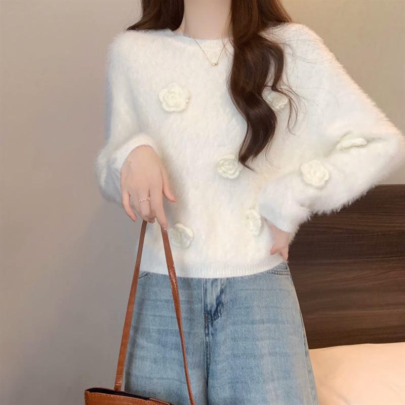 Rose Knit 3D Fluffy Soft Sweater for Women - Autumn/Winter Fashion.