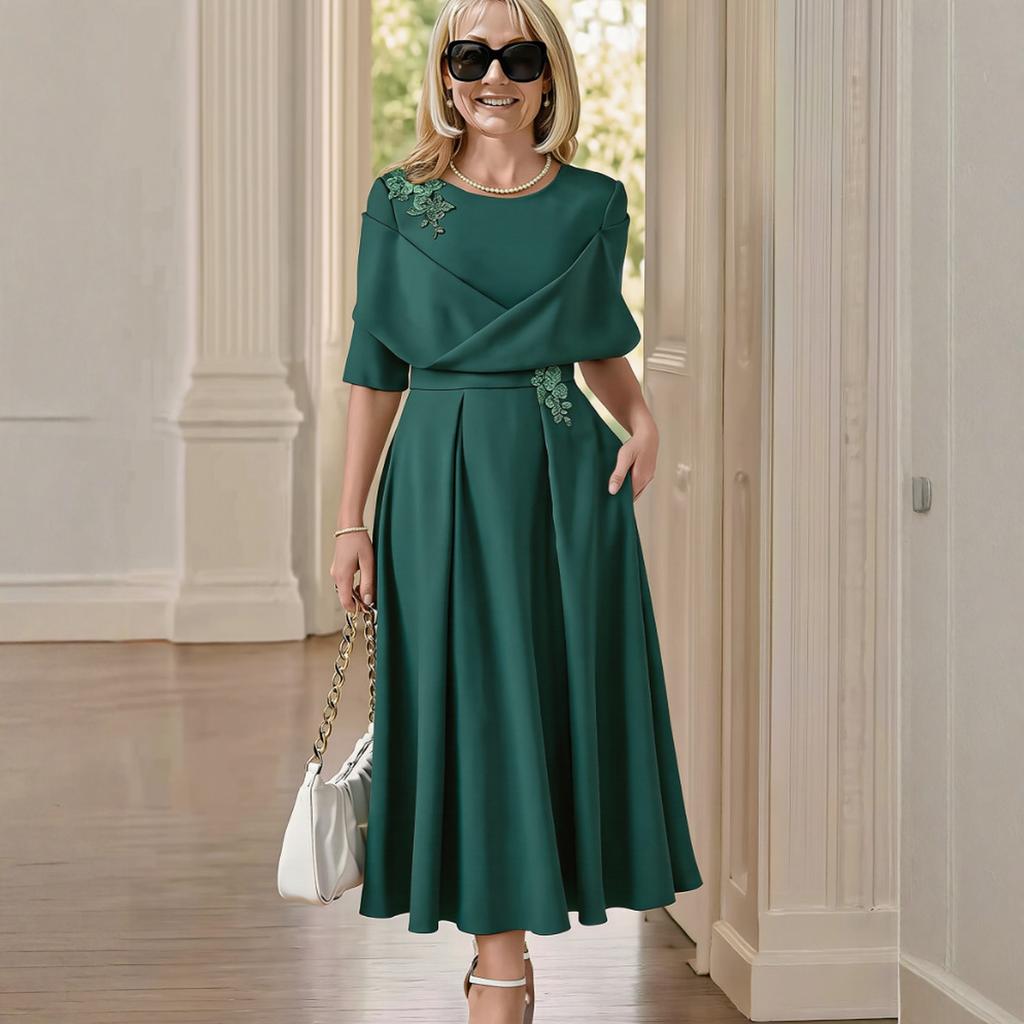 Women’s Midi Dress with Embroidered Detailing Elegant Pleated Skirt and Overlay Top Suitable for Formal Events