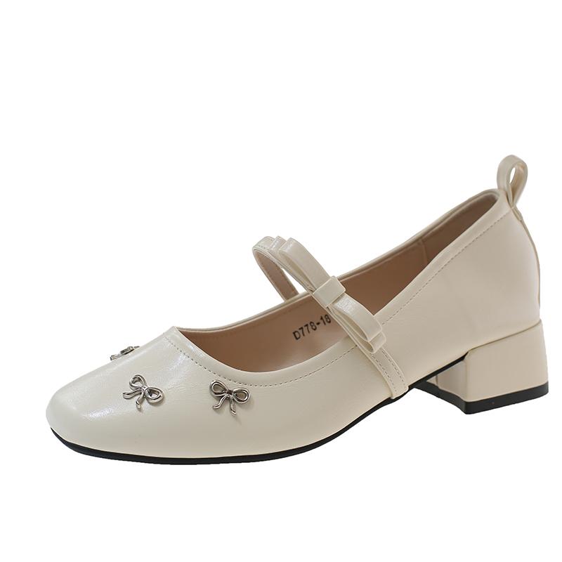 New French Style Square Toe Bow Ballet Shoes Super Soft Block Heel Mary Jane Single Shoes for Women 40 бежевый