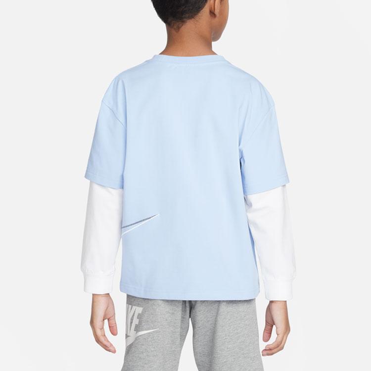 Nike Kids Logo Patchwork Fake Two-Piece Round Neck Long Sleeve T-Shirt Kids Tops Light-Blue FN9194-479