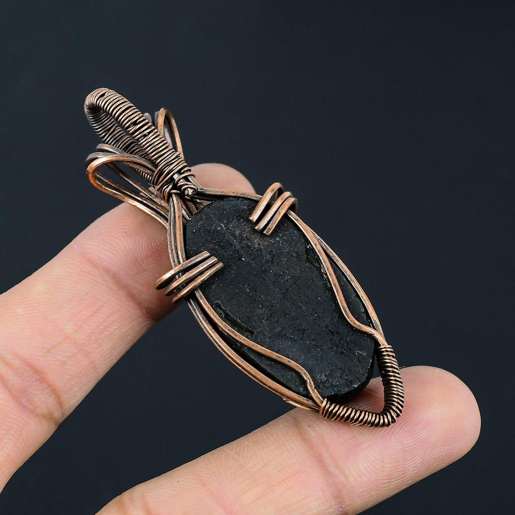 Black Rutile Gemstone Handmade Pure Copper Wire Wrap Jewelry Pendant For Women