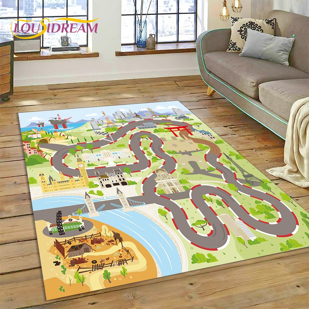 3D City Traffic Road Map Child PlayMat Highway Playroom Area Rug,Carpet Rug for Living Room Bedroom Sofa Doormat, Non-slip Gift