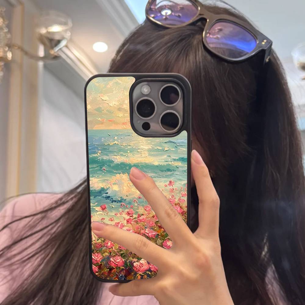 Floral Pattern Blue Flower Sea Hard Plastic Phone Case For Iphone 17 Air 16 15 14 13 12 11Pro Max PC TPU Cover iPhone 14