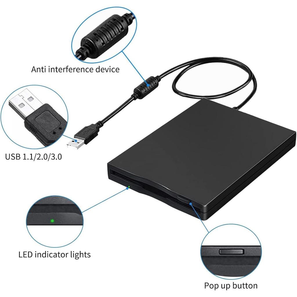 Floppy Disk Reader Drive 3.5" 1.44MB FDD External USB Floppy Diskette Drive for Windows 11/10/8/7/XP/Vista Mac PC Laptop Desktop