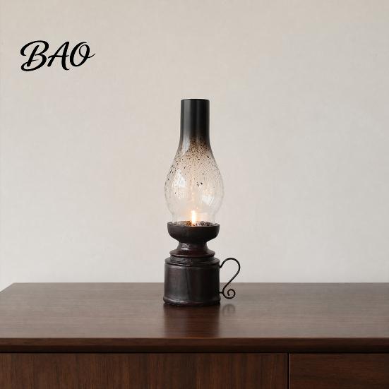 Stable Heavy Candle Holder Miniature Kerosene Lamp Resin Holder, Retro Oil Figurine with Smoked Nostalgic Replica Glass Shade & Carved Base, Tabletop