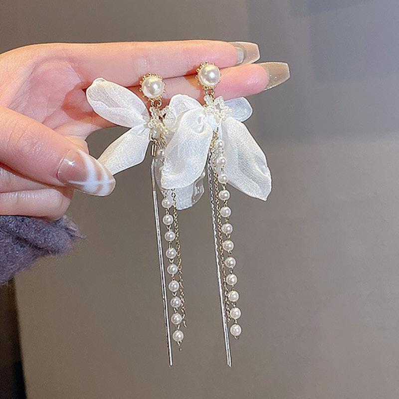 Artificial Crystal Love Pearl Fringed Earrings Korean Long Personalized Earrings Temperament Fashionable Versatile Earrings