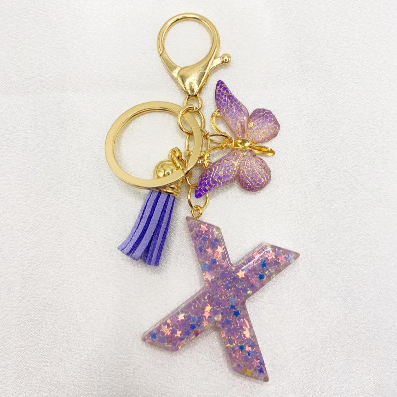 26-Letter Alphabet Resin Keychain with Star Sequins & Tassel Charm