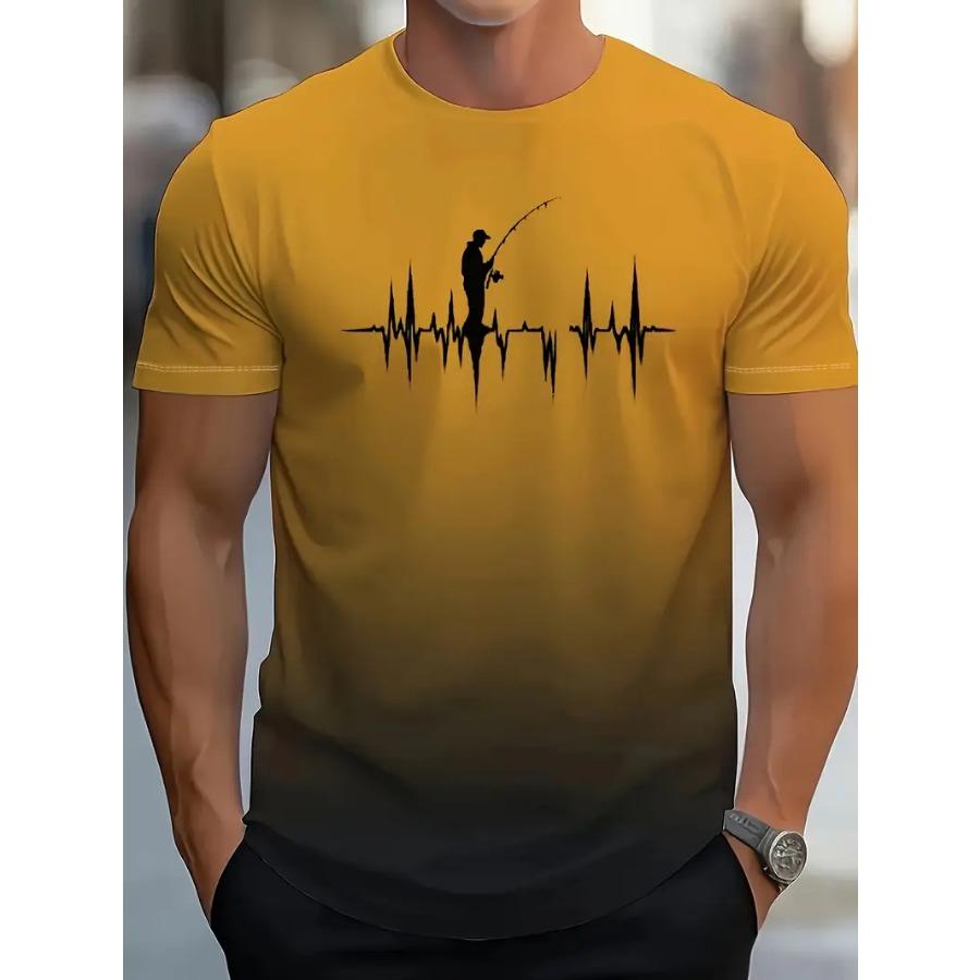 Men'S 3D Print Gradient T-Shirt - Breathable Short Sleeve Athletic Tee with Heartbeat Running, Basketball Casual Summer Wear, Sports T Shirt