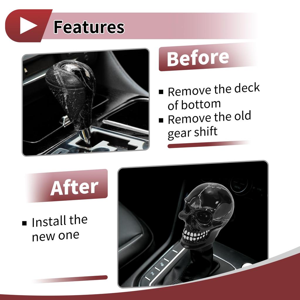 HEROFFIX Skull Shift Knob Universal Gear Shift Knob Resin Stick Shifter Lever Knob for Automatic and Manual Vehicles with 3 Adapters Black 1 Set 8.7cm