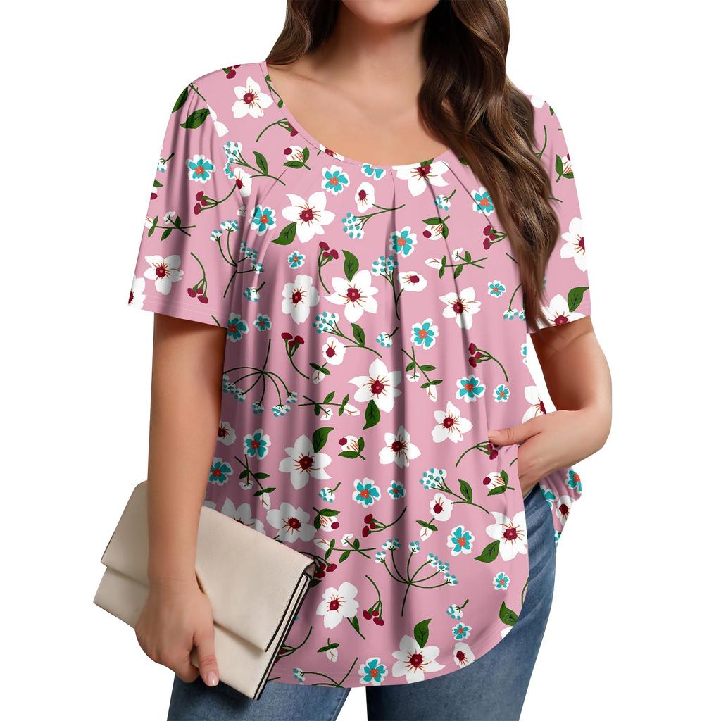 Plus Size Women's Casual Round Neck Pleated Short Sleeve Solid Color Top