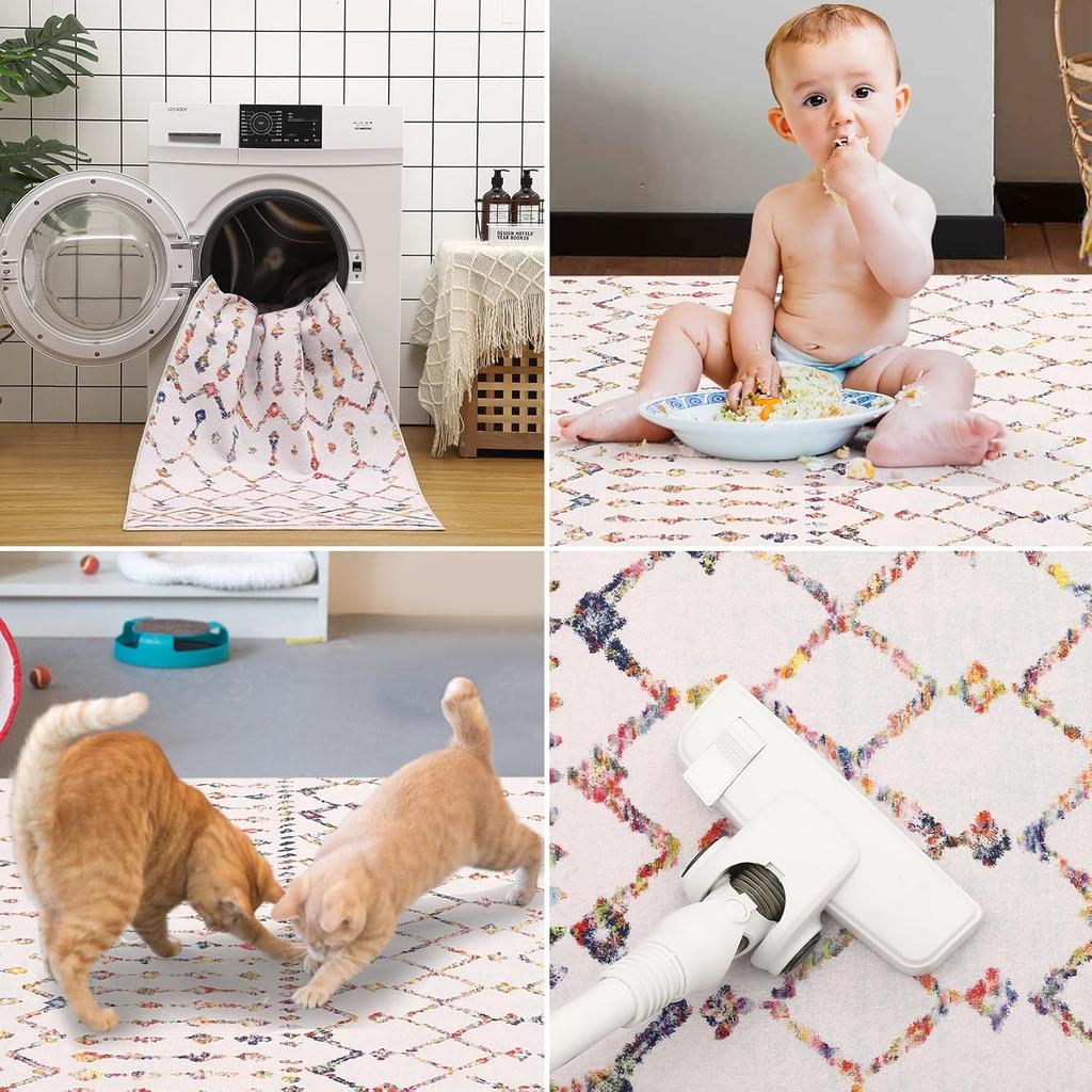 Boho Accent Area Rug – Stain Resistant Non-Slip Floor Mat for Farmhouse Living Room, Bedroom Office, Earthy Color Design