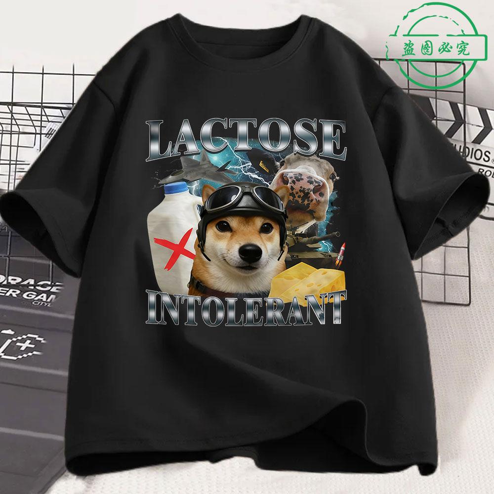 T-shirt Chat Drôle Intolérant au Lactose Unisexe Femme Mode Rétro Manches Courtes Coton Décontracté Confortable Oversize