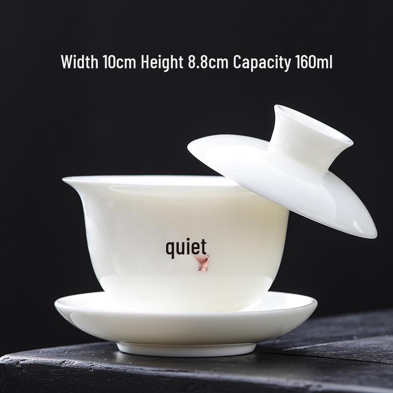 High-Grade Mutton Fat Jade Rotating Lid Bowl and White Porcelain Teapot Set