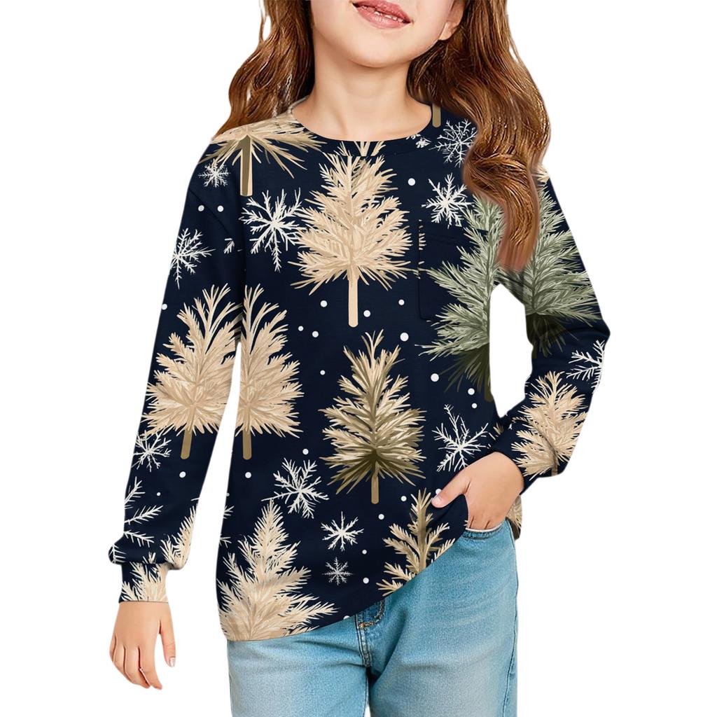 Christmas Day Girls' Long Sleeve Blouse - Round Neck Soft Waist Tunic