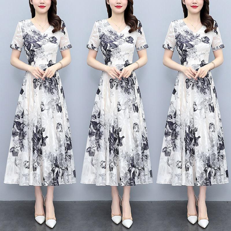 Summer New Spring and Summer Short-sleeved Floral Dress Women's Waist and Thin Skirt
