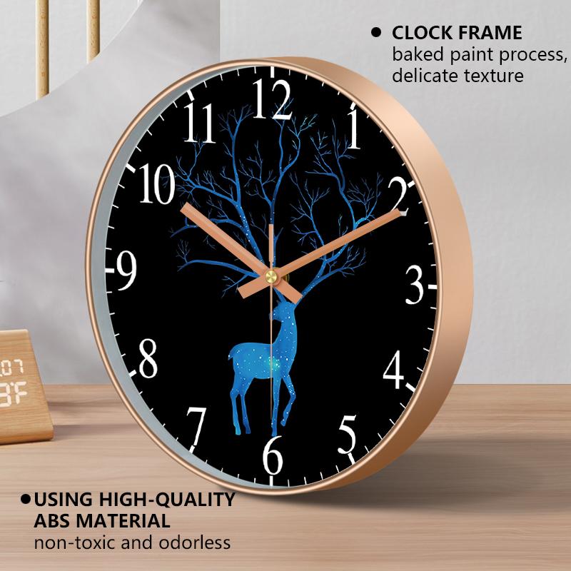 Blue Deer Wall Clock Rose Gold Frame Abstract Galaxy Deer with Tree Antlers Design for Living Room Bedroom Kitchen Home Decor