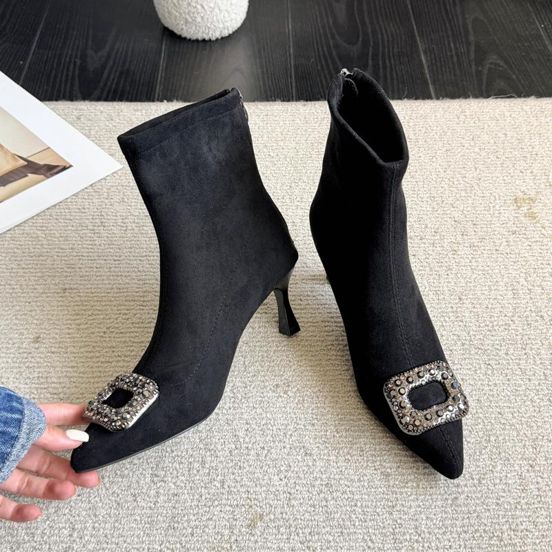 Fashion Suede Rear Zip Block Heel Single Boots Fall New Pointed Toe Rhinestone Square Buckle Non-Slip Wear-Resistant Short Shoe