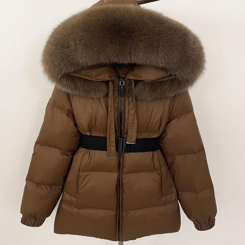 Womens Mid-Length Hooded Down Coat With Real Fox Fur Trim Slim Fit Warm Winter Outerwear Urban Commute Outdoor