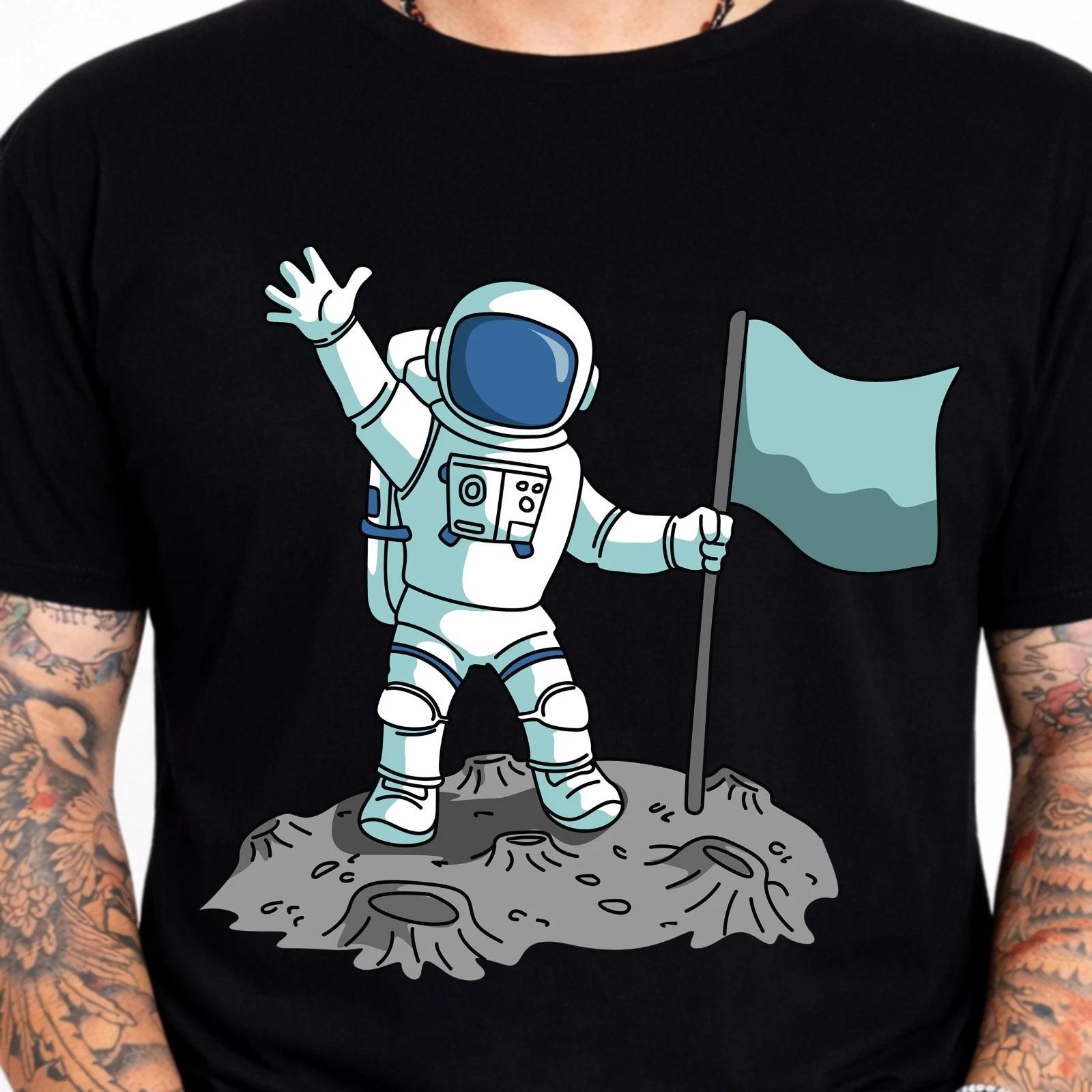 Astronaut Moon Flag Graphic T-Shirt Space Explorer Tee Cartoon Funny Sci Fi XL