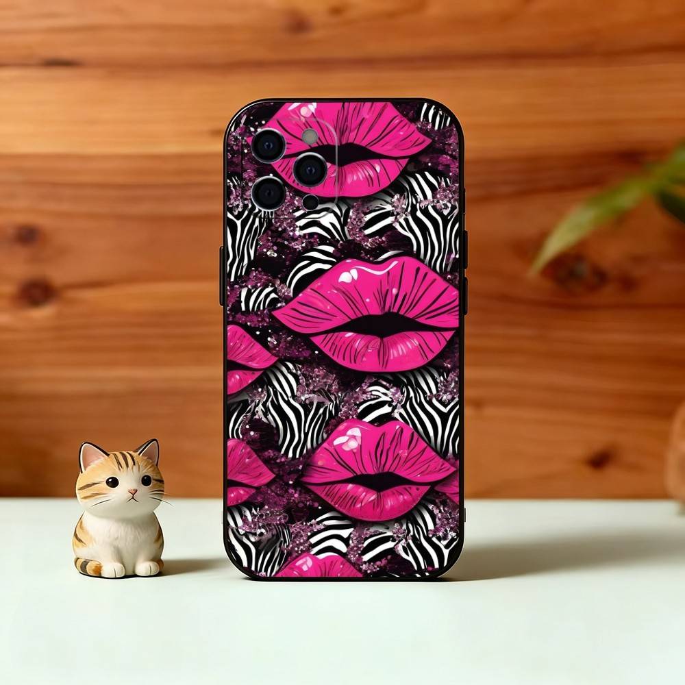 Lip Print Phone Case For iPhone 17,16,15,14,13,12,11 Plus,Pro Max,XS,Soft Silicone Black Cover