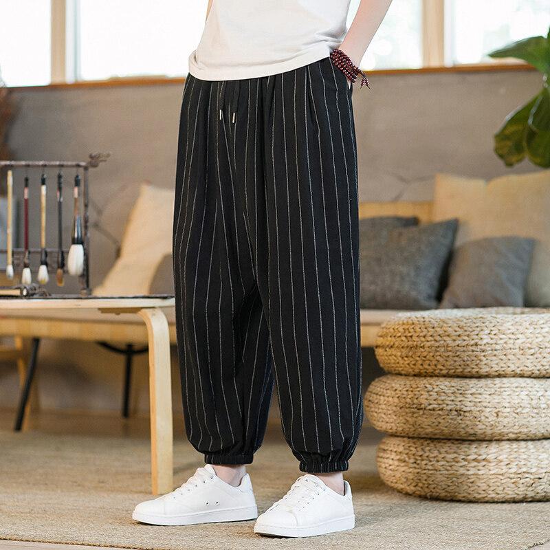 Japanese Style Stripe Summer Cotton Linen Harem Pants Men Streetwear Breathable Beach Pants Male Casual Calf-Lenght Trousers