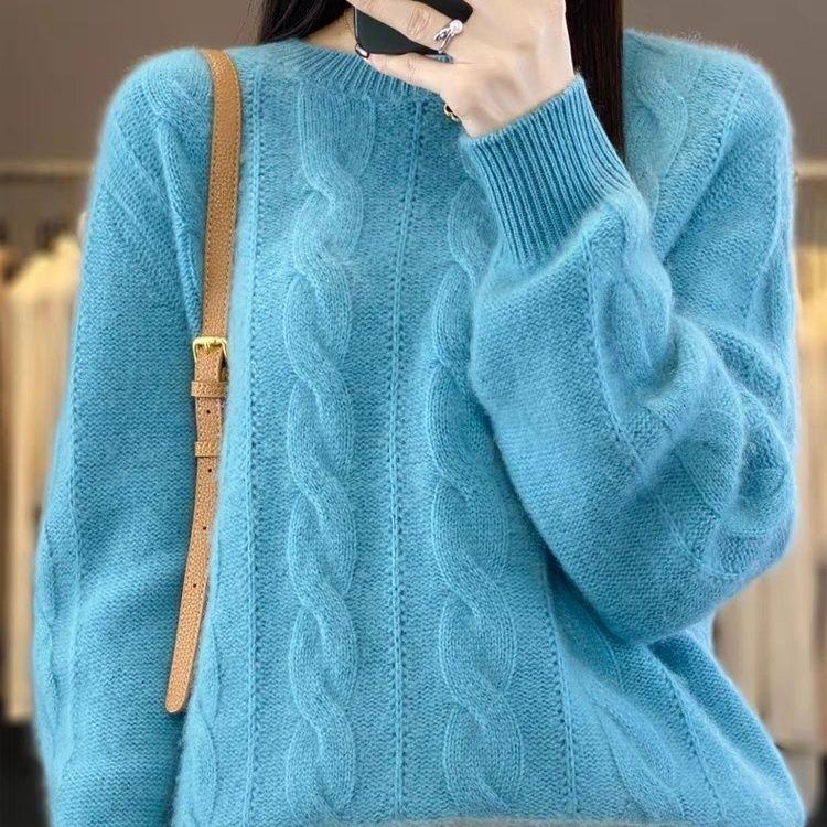 

Женский вязаный свитер с круглым вырезом, осень-зима 2025, новый свободный утолщенный корейский вариант, короткие топы 3XL синий