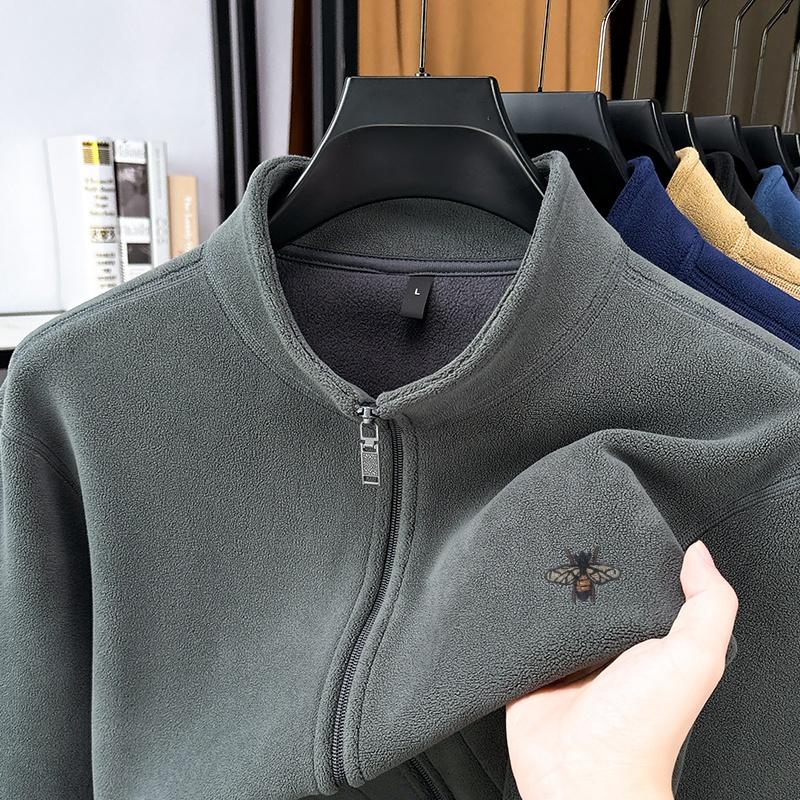 Men's Stand Up Collar Zipper Sweatshirt Winter Plush Thickened Bee Print Coat Fashion Casual Men'swear Top