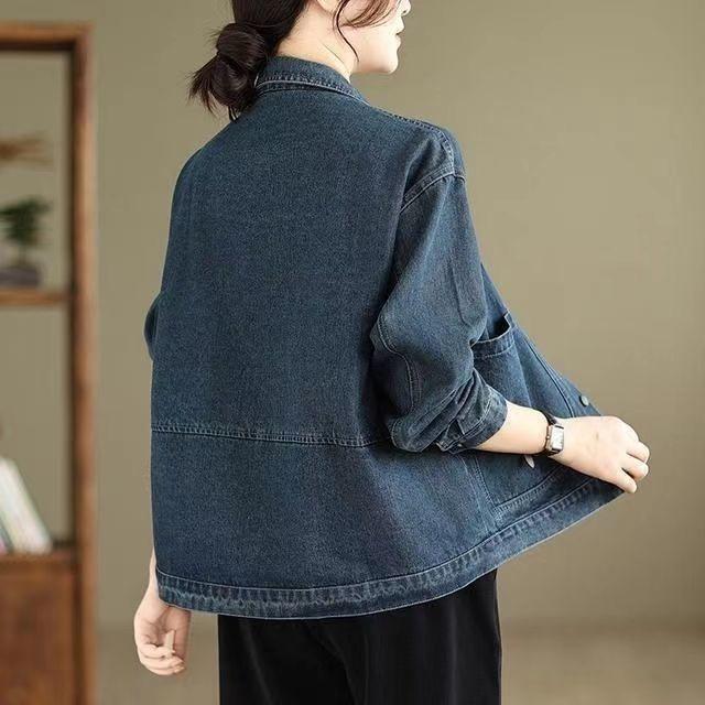 Women's Denim Jacket for Spring and Autumn Hong Kong Style Collar Short Retro Loose Versatile Stylish Casual with Large Pockets Top