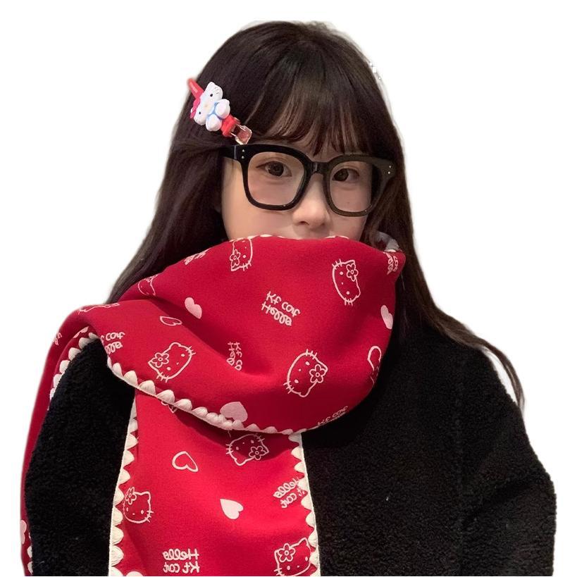 Korean version of cute kt cat love red scarf women's autumn and winter new versatile warm neck scarf tide