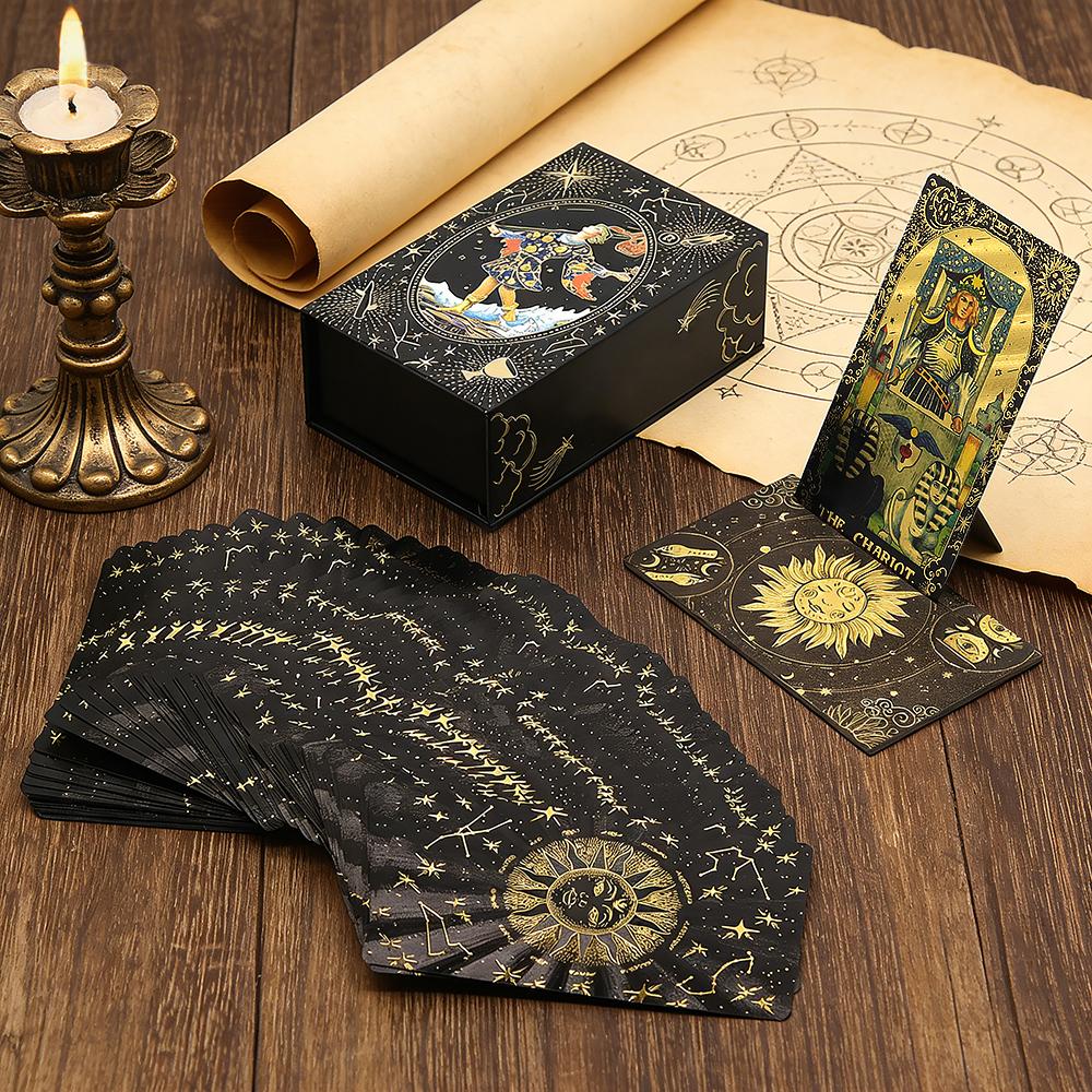 Luxe Finish Divinative Tarot Cards Fantastic Board Game Golden Foil Card Set For Predictive With Wooden Card Stand