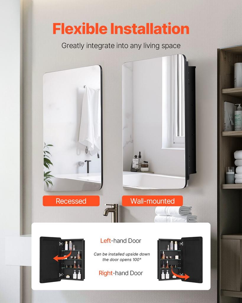 VEVOR Medicine Cabinet, 16.5 x 27.5 inch, Medicine Cabinet for Bathroom with Mirror, Aluminum Frame Bathroom Wall Cabinet, 3-layer Adjustable Shelves