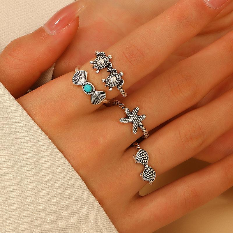 Bohemian Ocean Resort-Style Retro Ring Set: Turtle & Starfish Design
