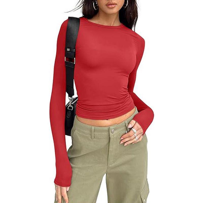 

Solid Color round Neck Long Sleeved Top Women Pure Color round Neck Long Sleeve Top Red XS