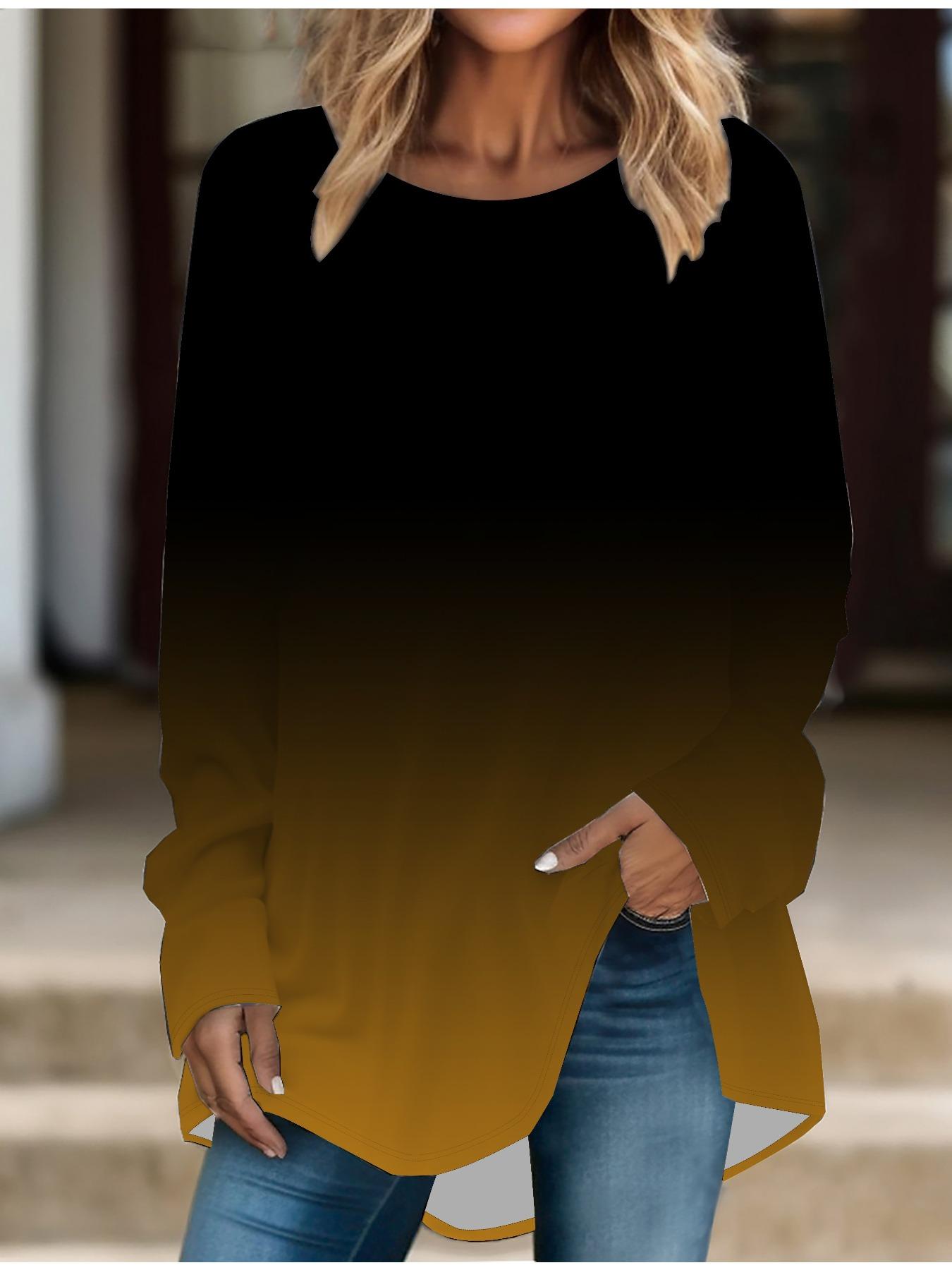 

Женская футболка больших размеров на весну, удобная, с длинным рукавом, круглым вырезом, с принтом градиентного цвета, повседневная, свободного кроя, средней длины 8XL оранжевый