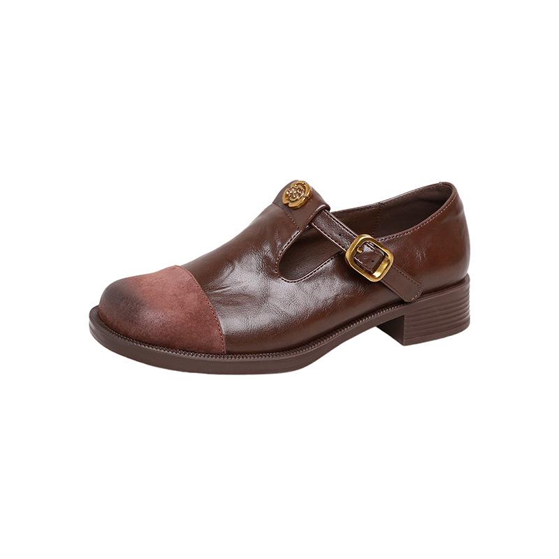 Cowhide Version, Spring New Retro T-button Mary Jane Shoes Women's Brown Loafers Low-heeled Single Shoes Small Leather Shoes Tide