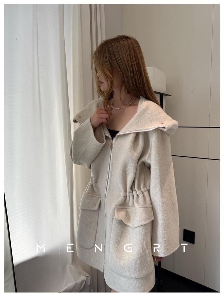 Damen Koreanischer Kaschmirmantel mit Kapuze und Reißverschluss, doppelseitig: Einfarbig, Mittellang, Vielseitig und Verdickt Lockeres Oberbekleidungsstück.