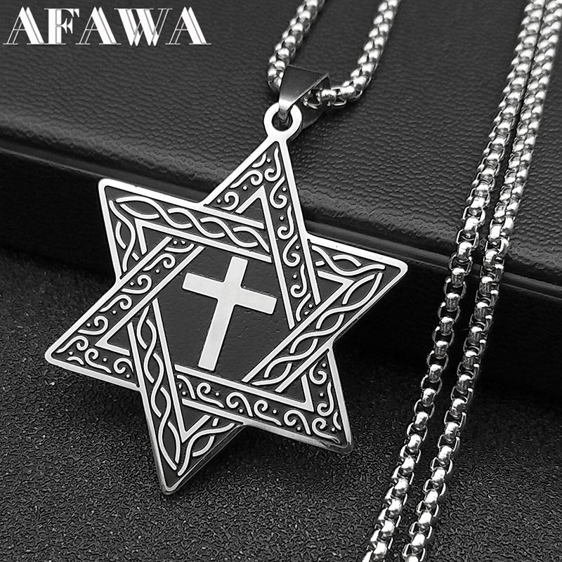 Collana con Ciondolo Croce Esagramma Je per Donna Uomo Acciaio Inossidabile Stella di David di Israele Catena Gioielli N2595-5S02